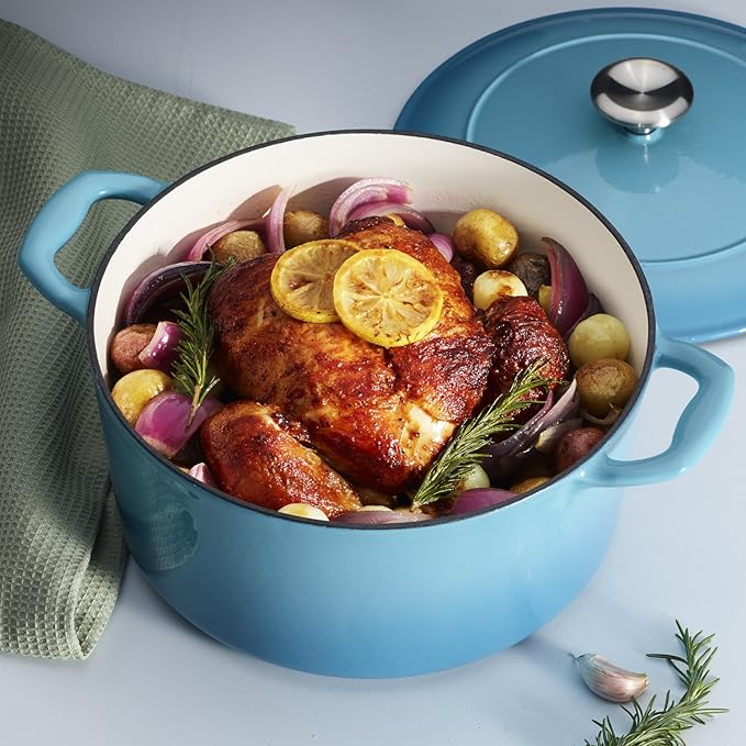 Tramontina Bestow Enameled Cast Iron 5.5-Qt Round Dutch Oven Pot with Lid | Great for Braising, Roasting and Bread Baking - Medium Blue