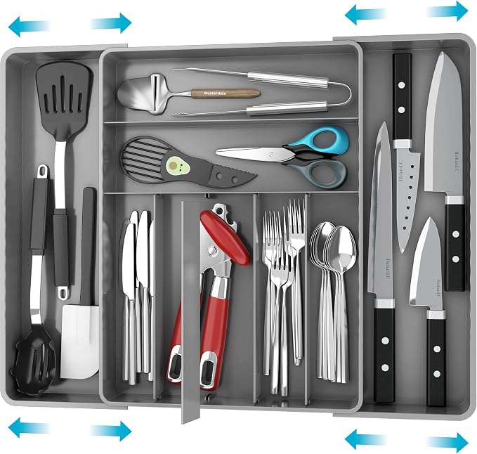 Simple Houseware Expandable Kitchen Drawer Flatware Organizer, Gray | Expandable Kitchen Drawer Flatware Organizer, Gray – Adjustable Cutlery Tray with 9 Compartments for Utensils and Silverware