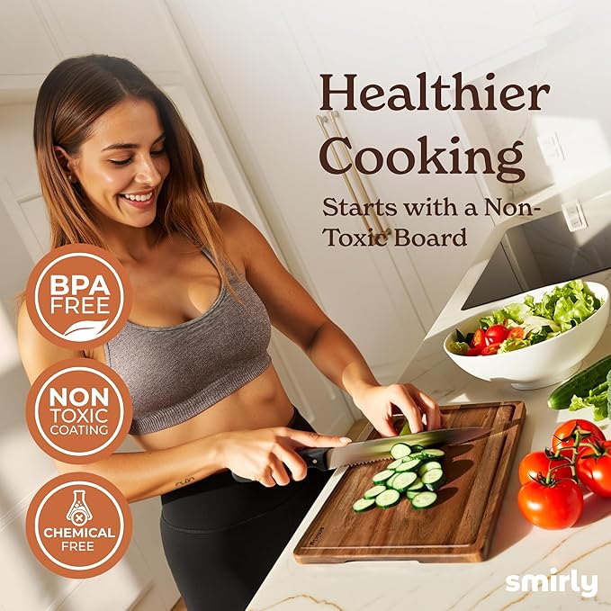 SMIRLY Acacia Wood Cutting Board - 4 Pack Cutting Board Set with Stand | Non Toxic Wooden Cutting Boards with Juice Grooves and Handles, Multiple Sizes Chopping Board for Meal Prep & Charcuterie