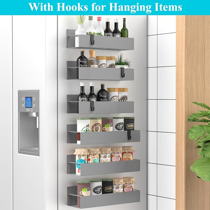 Metal Magnetic Spice Rack for Refrigerator Gray, 6 Pack | Magnetic Shelves Heavy Duty for Fridge in Kitchen, Seasoning Storage Organizer, For Oven Washer and Dryer, For Heavier Items