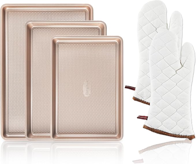 3 Pack Gold Nonstick Baking Sheet Pan Set with Oven Mitts Heat Resistant, Non-Toxic Half/Quarter/Jelly Roll Pans with Diamond Texture Pattern, Heavy Duty 0.8mm Thick Cookie Trays for Cooking