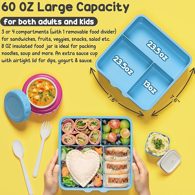 Fimibuke 60oz Kids Bento lunch Box with Insulated Lunch Bag & 8.5oz Thermo | Leakproof 3-4 Compartment Toddler Kids Lunch Box Food Container w/ Utensils, Sauce Cup for School Boys Girls, Dishwasher Safe