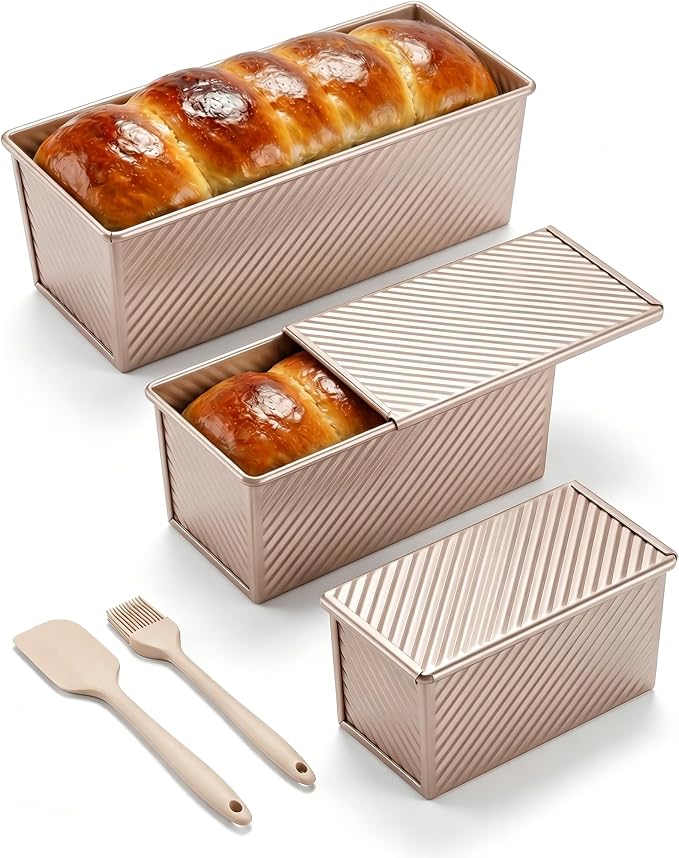 CARTMAN 3-Piece Pullman Loaf Pan with Lid, 2.2/1/0.8 LB Bread Pan, Gold | Includes 2.2/1/0.8 LB sizes & silicone tools, bottom vents, nonstick carbon steel, nesting storage, for bread & brownies