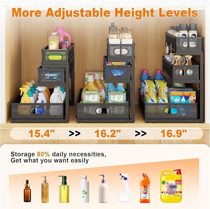 3 Tier Under Sink Organizer,Black Metal Pull Out Kitchen Cabinet Organizers, Slide Out Under Sink Storage Drawers, Undersink Organizer,Bathroom Counter Shelf, Pantry Organization and Storage （2 Pack）
