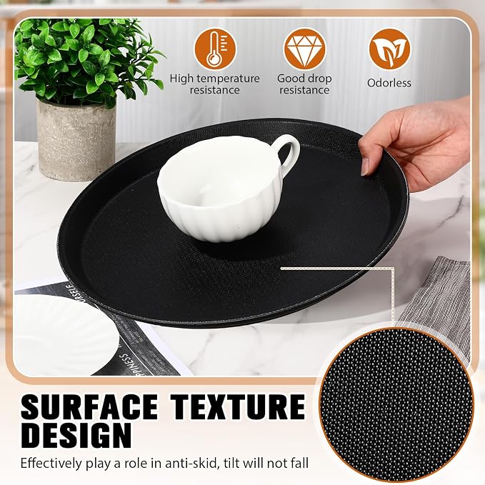 Zopeal 6 Pcs Bar Service Tray Round Plastic Non Slip,14" | For Waiter Server in Restaurant Cafeteria Bar, Raised Edges Prevent Spills, Cocktail Food Server, Textured Surface Grip