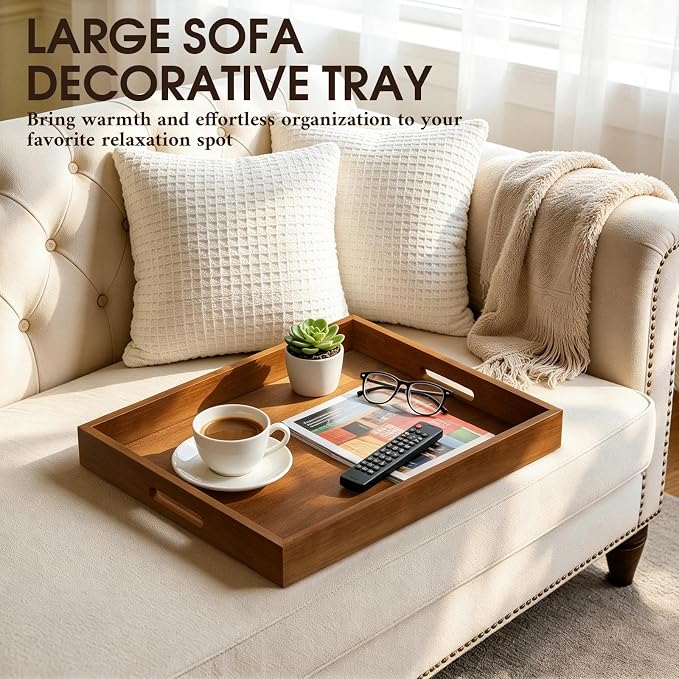 Extra Large Ottoman Tray, 22 x 18 inches Black Walnut Wooden Tray | Rectangle Decorative Tray with Handles, Wood Coffee Table Tray, Serving Platter Tray for Living Room, Countertop, Kitchen