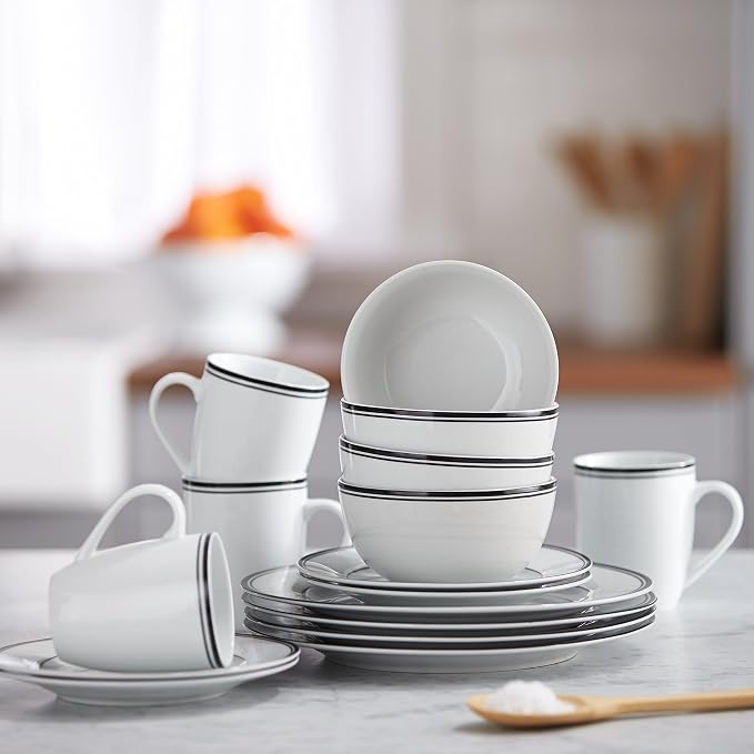 Amazon Basics 16-Piece Cafe Stripe Dinnerware Set, Microwave and Dishwasher Safe, Plates, Bowls, Mugs, Service for 4, Black