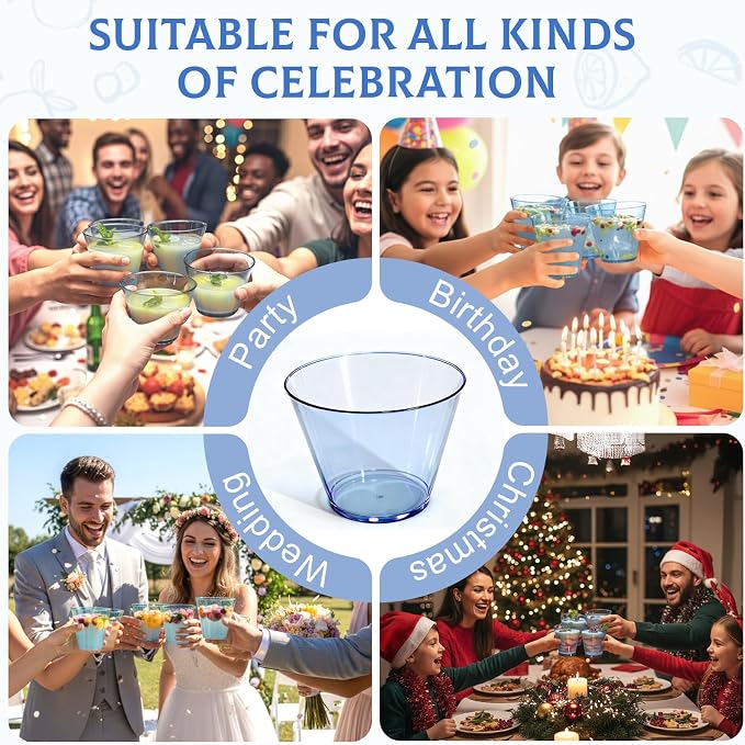 Glowserve 9 OZ Blue Disposable Plastic Cups Cocktail Cup 150 Pack | Fancy Cocktail Cup,Stemless Wine Glass,Wedding Wine Glasses,Graduation Birthday,World Cup,Party Essentials