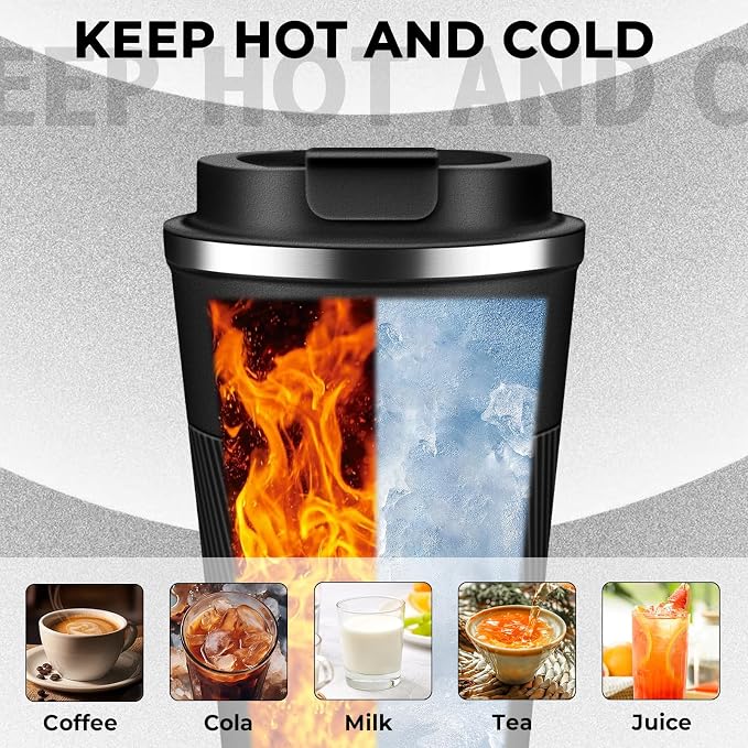 Insulated Coffee Tumbler 17 oz, Stainless Steel Coffee Mug with Lids, Travel Coffee Mug Leak Proof, Double Wall Vacuum Insulated Reusable Coffee Cup, Keep Drinks Hot and Cold (Black, 17 Ounces)