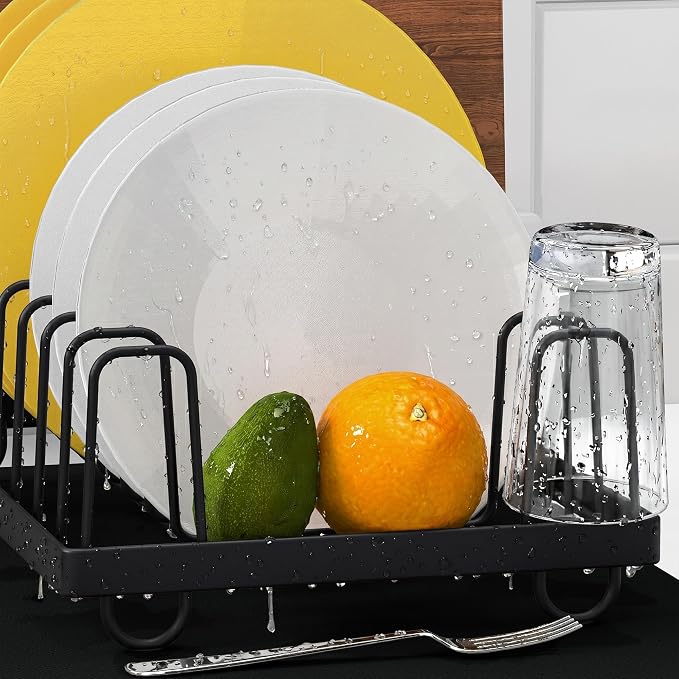 Compact Stainless Steel Dish Drainer & Dish Mat Set, Black | Rust-proof stainless steel dish rack with quick-drying, easy-to-clean mat. Fits kitchen counter, apartment or RV.