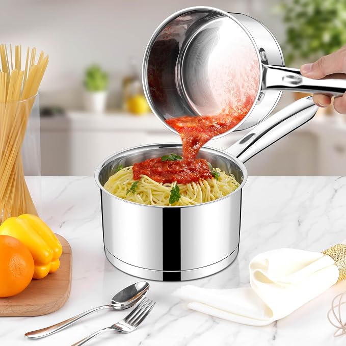 LIANYU Stainless Steel Saucepan with Lid, 2 Quart Sauce Pan Cooking Pot | Small Tri-Ply Bottom Multipurpose Sauce Pot, Dishwasher Safe, Compatible with All Stovetops