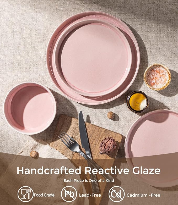 GBHOME Stoneware Dinnerware Sets for 4,12-Piece Plates and Bowls Set | Handmade Reactive Glaze Ceramic Dish Set, Scratch Resistant, Dishwasher&Microwave Safe,Blush Pink
