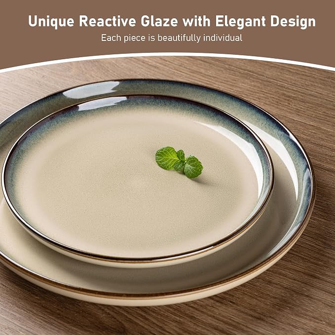 GBHOME Dinnerware Sets for 4, 12 Pieces Ceramic Plates and Bowls Set | Scratch Resistant Stoneware Dishes Set, Dishwasher & Microwave Safe, Reactive Glaze-Pale Khaki