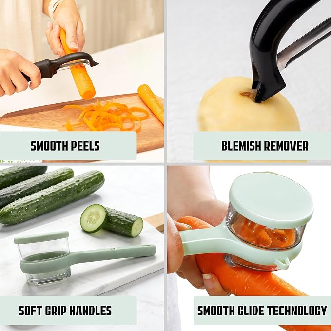 Swivel Vegetable Peeler + Fruit Peeler with Container & Cleaning Brush, Ultra Sharp Stainless Steel Blades, Ergonomic Soft Grip Handle, Multi-Purpose Peeling Knife for Potato, Carrot, Apple,3 pcs