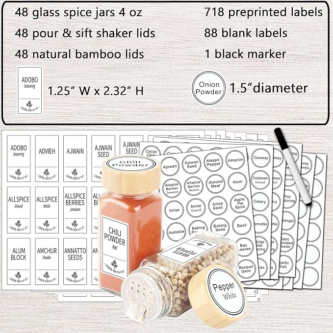 SWOMMOLY 48 Pcs 4 oz Glass Spice Jars with 806 Spice Labels, Bamboo Lids | Square Spice Bottle with Pour/sift Shaker Lid, Chalk Marker Funnel, Seasoning Storage Containers for Racks, Cabinets, Drawers
