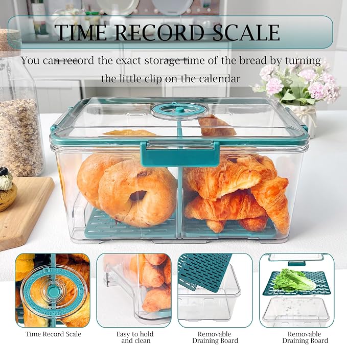 2 Pack Bread Storage Container,Green,7.5L+2.5L | Airtight Bread Box with Time Recording Lid,For Kitchen Countertop,Bread Storage Container,For Homemade Breads Toast Cookies