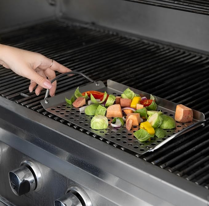 Outset Stainless Steel Grill Topper Grid, Set of 2, 11"x7" & 11"x17" Trays | Stainless Steel Grill Toppers | BBQ Veggie Grill Trays | Easy to Carry | Seafood Grill Tray With Holes | Infuses Flavor