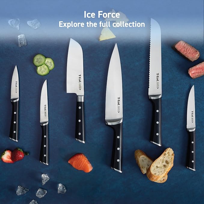T-Fal Ice Force Kitchen Knife Set, 3-Piece, German Stainless Steel | X50CrMoV15 steel, Ice hardening up to 1800F/-250F, 26-degree cutting edge, Ergonomic finger guard handle, Hand wash only