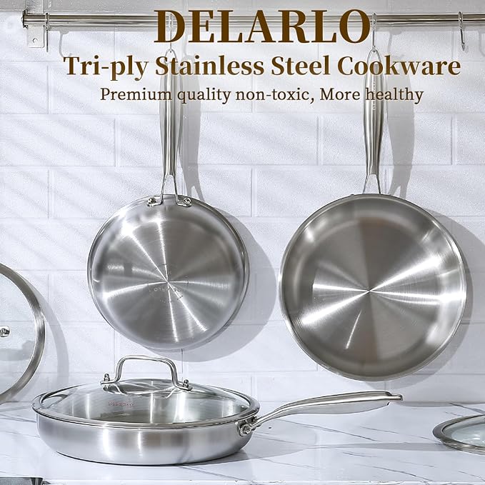 DELARLO Tri-Ply Stainless Steel Pan,18/10, 9" | Nontoxic Durable Oven Safe 800℉ All Cooktops Compatible Fast Even Heat PFOA Free Large Frying Pan Nontoxic Cookware