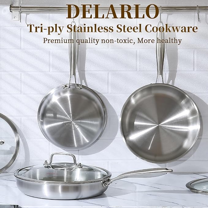 DELARLO Tri-Ply Stainless Steel Pan,18/10, 10",12" | Nontoxic Durable Oven Safe 800℉ All Cooktops Compatible Fast Even Heat PFOA Free Large Frying Pan Nontoxic Cookware