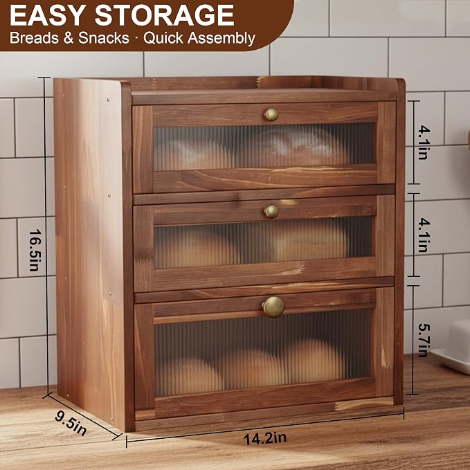 3 Layer Wooden Bread Box with Acrylic Window, Large Capacity | Vintage Kitchen Countertop Food Organizer; Pantry Shelf with Magnetic Door and Rear Ventilation; Housewarming Gift