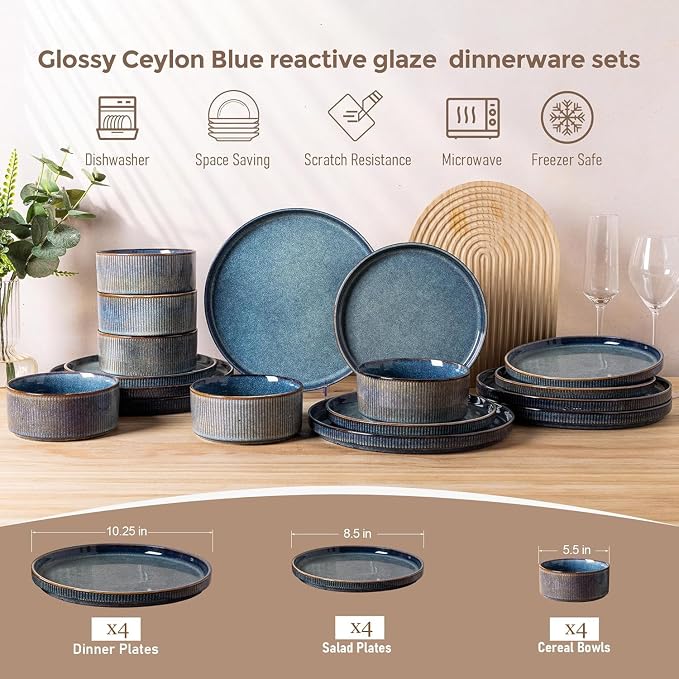 GBHOME Stoneware Dinnerware Sets for 4, 12-Piece Plates and Bowls Set | Handmade Reactive Glaze Ceramic Dish Set, Scratch Resistant, Dishwasher&Microwave Safe,Ceylon Blue