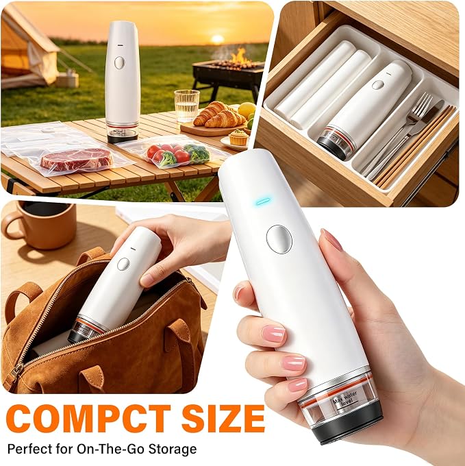 -80kPa Compact Vacuum Sealer for Food (Vacuum Sealer Machine + 30 Reusable Bags), Cordless Handheld Vacuum Sealer Machine Portable Mini Food Sealer for Sous Vide & Meal Prep-White