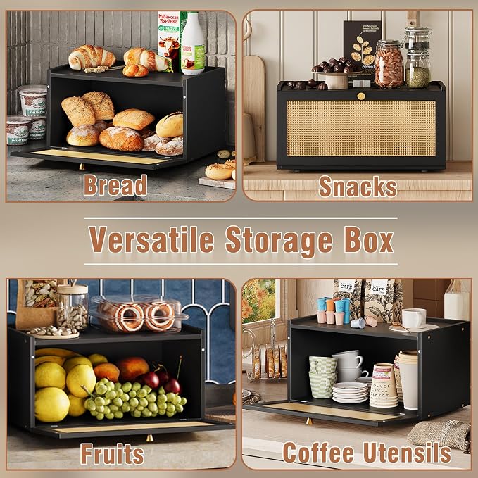 Trironsun Rattan Bamboo Bread Box for Kitchen Counter Large Capacity Bread Storage Bin Farmhouse Bread Storage Container Rustic Bread Holder (Black)