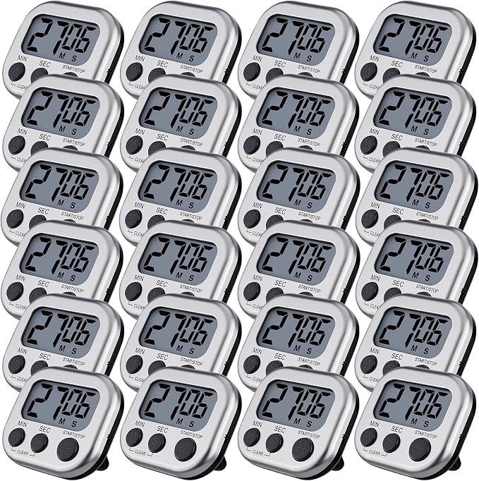 Leumoi 24 Pack Multi-Function Digital Timers with Magnetic Back, Large LCD Display, Loud Alarm, Count up & Countdown, Memory Function for Cooking, Classroom, Study, Exercise & Work(Sliver and Black)