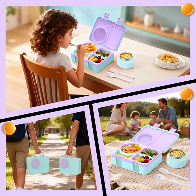 Bento Lunch Box for Kids Adult, Leakproof 3-4 Compartment Bento Box Set with Insulated Food Jar,Water Bottle, Lunch Bag, School Lunch Container for Toddler Teen Girls Boys Ages 3+(Gradient)