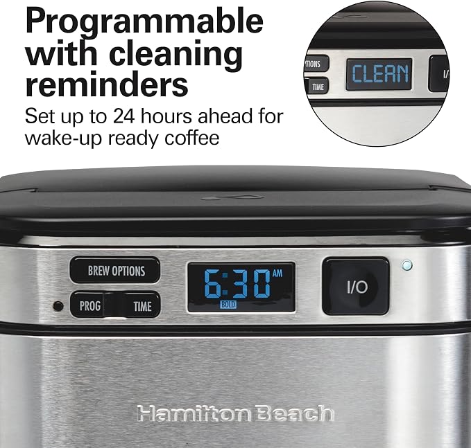Hamilton Beach FrontFill 12 Cup Programmable Drip Coffee Maker | Regular & Bold Brew Options | Auto Pause and Pour | Glass Carafe | Black with Stainless Accents | 46310