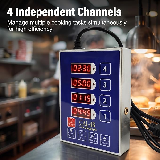 4 Channel Precision Kitchen Timers for Cooking, Commercial Kitchen Timer Restaurant Kitchen Supplies, Stainless Steel Digital LED Chef Cooking Timer, Reminder Function, Drillable wall mounting, Blue