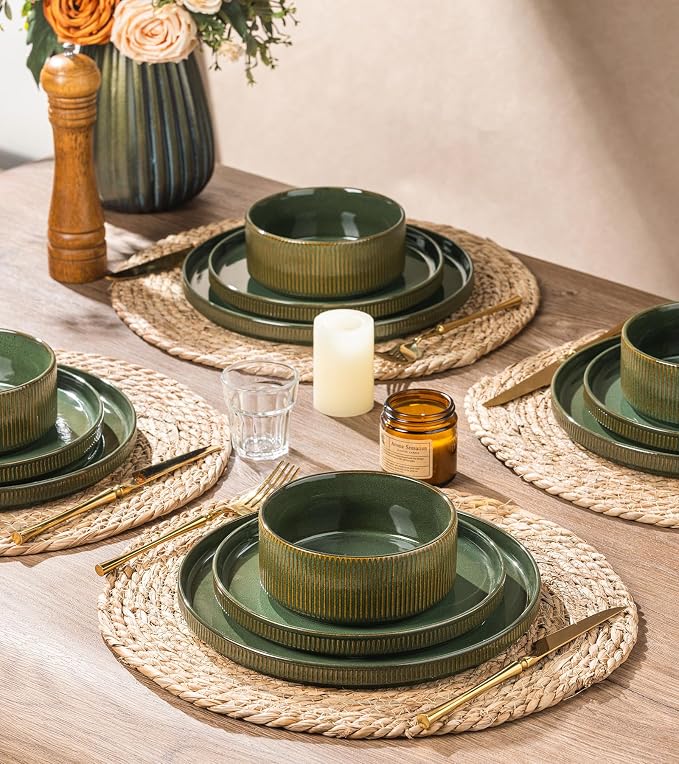 GBHOME Stoneware Dinnerware Sets for 4, 12 Pieces Plates and Bowls Set | Lightweight Ceramic Ribbed Dishes,Reactive Glaze Stackable Plate Set,Scratch Resistant,Microwave&Dishwasher Safe,Sage Green