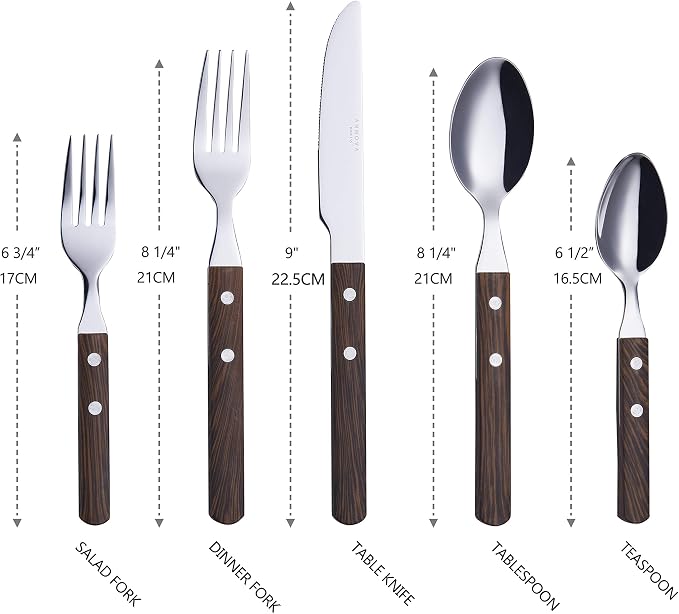 ANNOVA 20 Piece Silverware Set, Service for 4, Stainless Steel Retro/Rivet Walnut Wood Tableware Kitchen Flatware Set Utensils, Includes Dinner Knives, Forks, Spoons, Salad Forks & Dessert Spoons