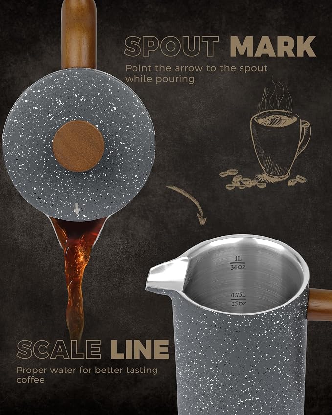 POLIVIAR French Press Coffee Maker, 34 Ounce Coffee Press with Real Wood Handle, Double Wall Insulation & Dual-Filter Screen, Food Grade Stainless Steel for Good Coffee and Tea (Lava) | Real Wood Handle Coffee Press, Double Wall Insulation, Dual-Filter...