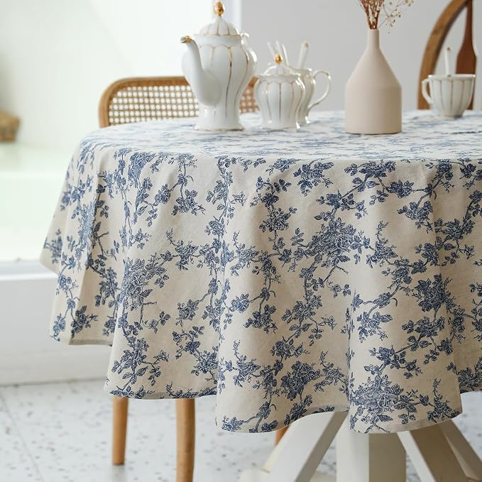 Pastoral Round Tablecloth - 48 Inch Dia. Table Cloth - Washable Table Cover with Dust-Proof Wrinkle Resistant for Restaurant, Picnic, Indoor and Outdoor Dining, Floral (Dark Blue)