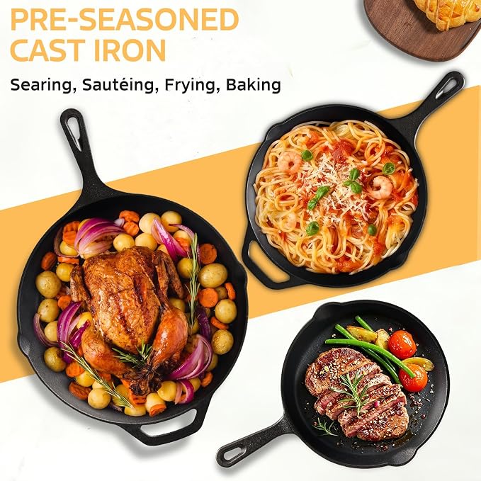 EWFEN Cast Iron Skillet 12 Inch, Pre-Seasoned Frying Pan, Heavy-Duty Professional Restaurant Chef Quality Cookware with Drip Spout, Indoor & Outdoor Use, Compatible with Oven, Stove, Grill & Campfire