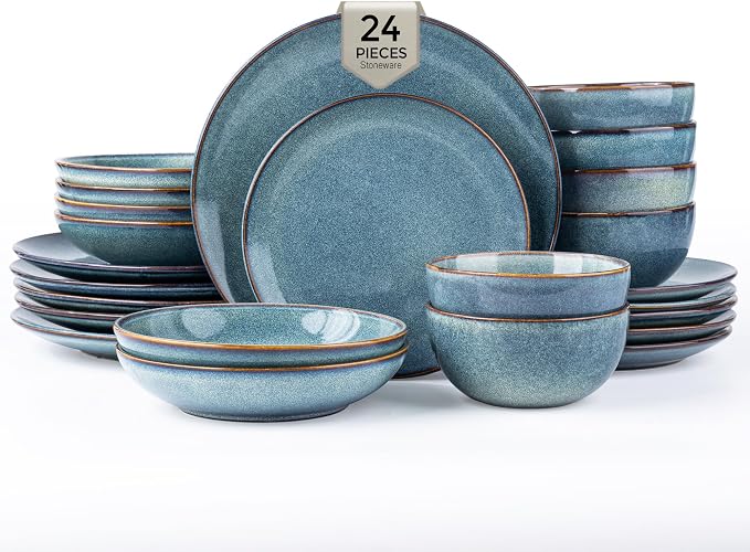 GBHOME Dinnerware Sets for 6, 24 Pieces Ceramic Plates and Bowls Set | Scratch Resistant Stoneware Dishes Set, Dishwasher & Microwave Safe, Reactive Glaze
