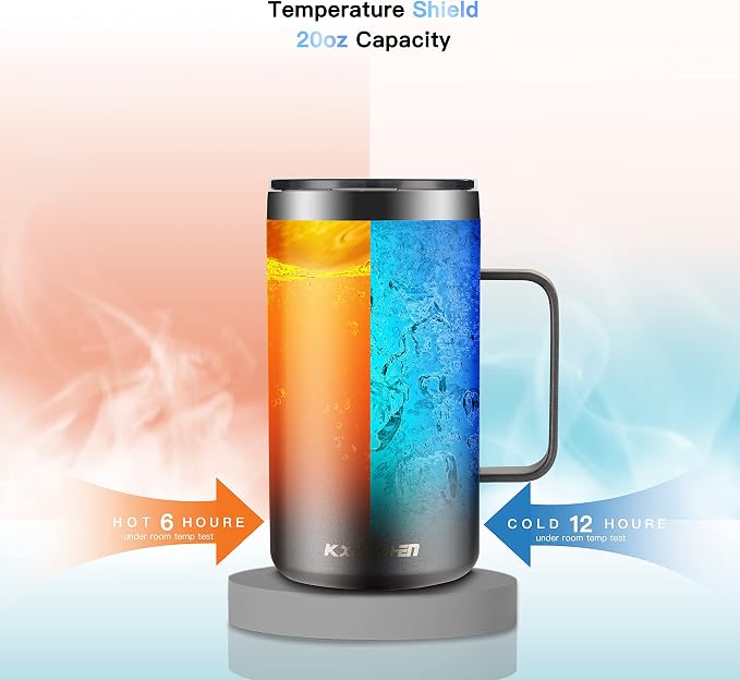 KXIAOCHEN 20 oz Insulated Coffee Mug, Coffee Cup with Lid and Wide Handle | 18/8 stainless steel, 6+ hours hot or 12+ hours cold, wide mouth, no-sweat exterior, for office, work, home and camping