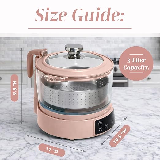 COOK WITH COLOR Glass Mini Low Carb Rice Cooker – Holds 2 Cups Raw/Makes 6 Cups Cooked with Auto Lift Filter Basket, Hotpot & Steamer for Rice, Grains, Digital Panel with Keep Warm, Dusty Rose
