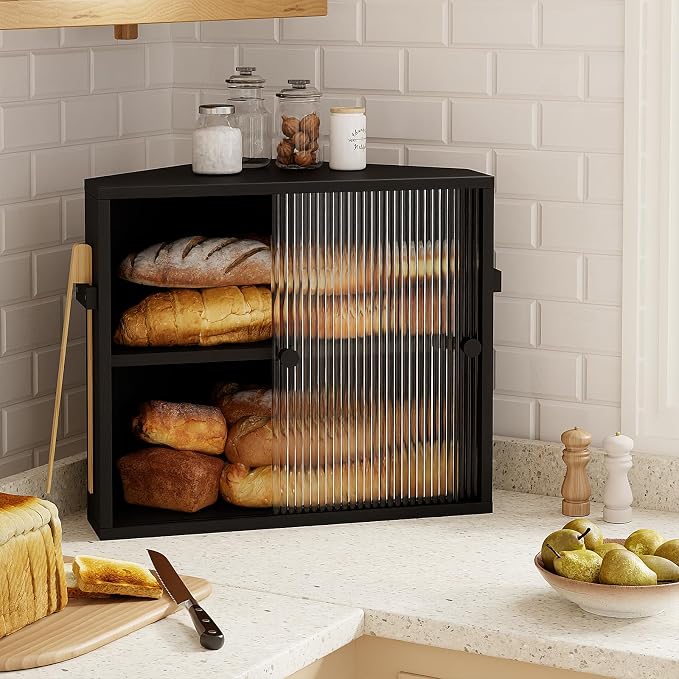 Corner Bread Box with Sliding Acrylic Doors, Double Layer Bread Bin | Bread Box for Kitchen Countertop, Bamboo Bread Storage Container, Large Capacity Vintage Farmhouse, Black, Meduim