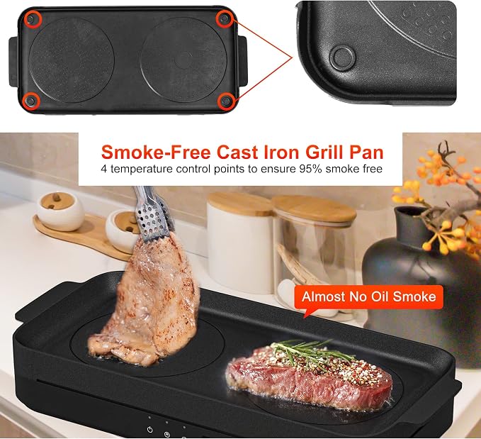 COOKTRON Portable Induction Cooktop 2 Burner with Removable Iron Cast Griddle Pan Non-stick, 1800W Double Induction Cooktop with Child Safety Lock & Time, Great for Family Party