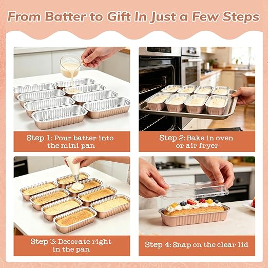 NPLUX Loaf Pans with Lids, 50 Pack Champagne 6.8oz for Weddings | Works for crumble cups, panna cotta, custard and snack servings; add the cover only after contents cool.