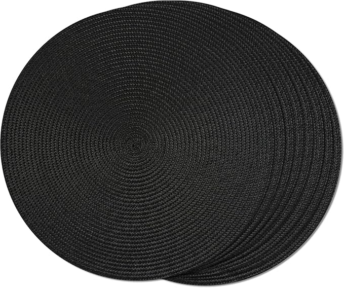 FunWheat Round Braided Placemats Set of 8 Place Mats for Dining Table Woven Washable Non-Slip Table Mats 15 Inch(Black,8pcs)