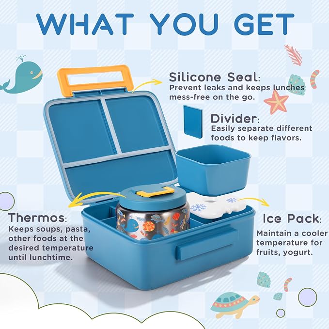 Kids Bento Lunch Box with 8oz Thermo, Ice Pack & Dividers for School | Food Container 5 Compartments,Insulated Food Jar,Keep Warm&Cold,Removable Dividers,Leak-Resistant,BPA-Free,Easy to Clean