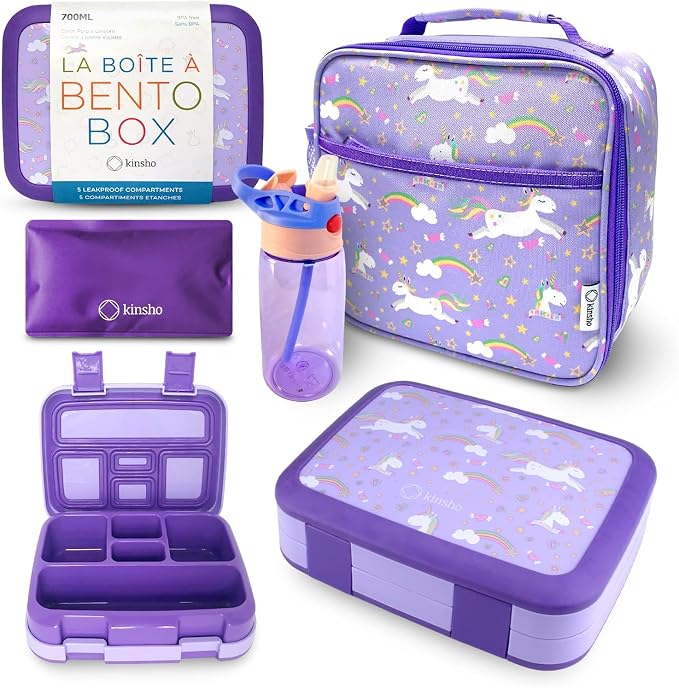 kinsho Kids Bento Lunch Box, Water Bottle, Ice Pack & Bag, Purple Unicorn | 5 Compartment Food Container for Lunches Snacks, BPA Free Plastic, Insulated Set for Small Girls Toddlers Daycare, Pre-School