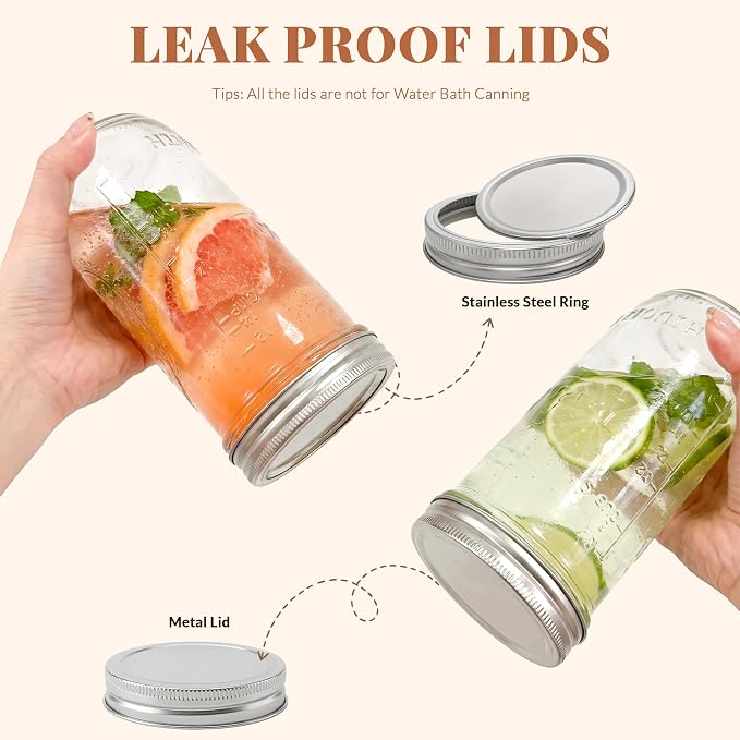 CycleMore 24oz Embossed Glass Mason Jars – Set of 4 | Vintage Style Canning Jars With One-Piece & Stainless Steel Split Lids, BPA-Free & Durable. Dishwasher Safe. Non-Slip Grip.