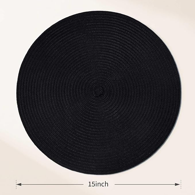 FunWheat Round Braided Placemats Set of 6 Place mats for Dining Tables Woven Heat Resistant Table Mats 15 inch (Black,6pcs)