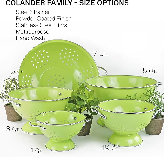 Reston Lloyd, 3 Quart Powder Coated Steel Kitchen Strainer Basket for draining Pasta, Vegetable and Fruit, Chrome Handles and Wide Stable Base, Lime