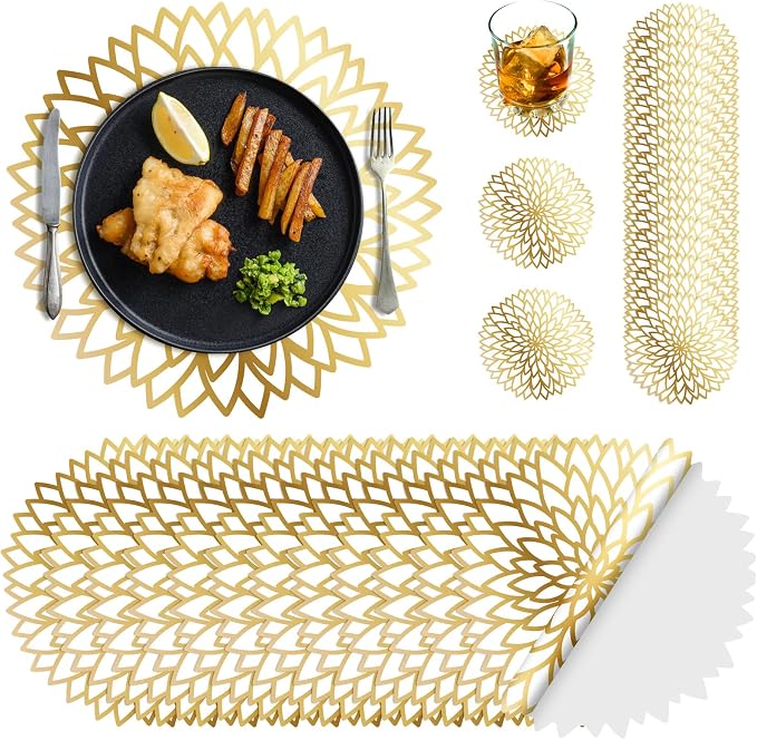 Geosar 200 Disposable Paper Placemats and Coasters Set Summer Hawaiian Luau Placemat with Coasters Outdoor Indoor for Greenery Jungle Dining Table Decoration Shower Birthday(Gold Round)
